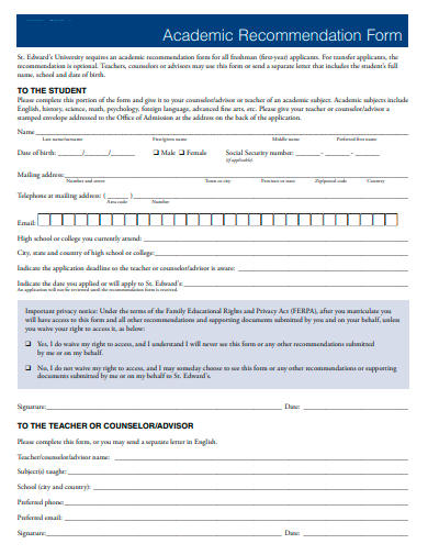 academic recommendation form