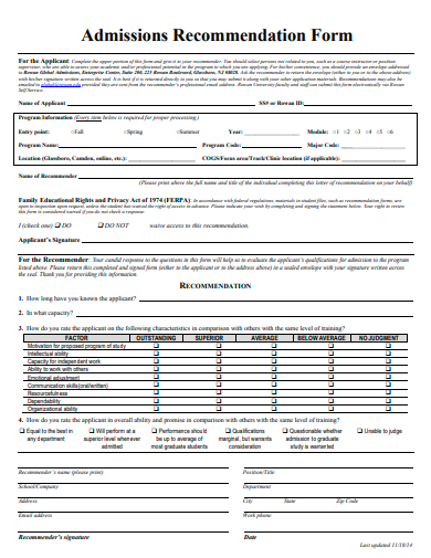 admissions recommendation form