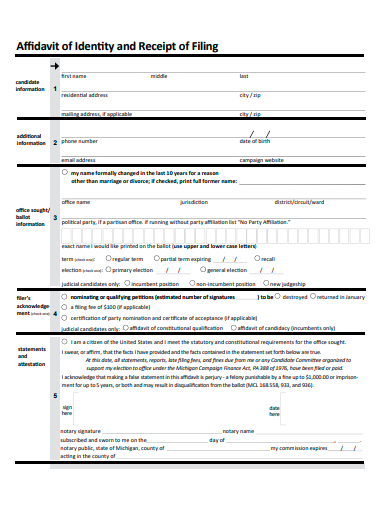 affidavit of identity and receipt of filing