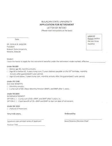 application for retirement letter of intent