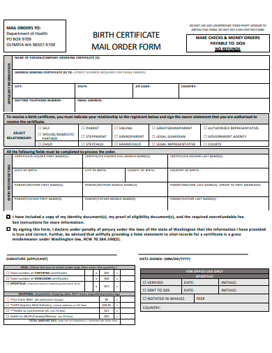 birth certificate mail order form