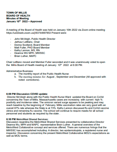 board of health meeting minutes