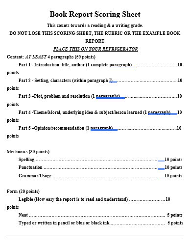 book report scoring sheet