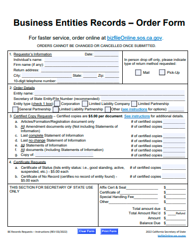 business entities records order form