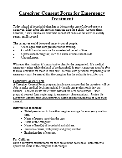caregiver consent form for emergency treatment