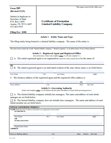 certificate of formation limited liability company form