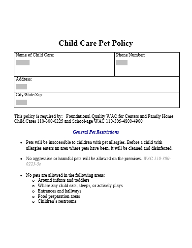 child care pet policy