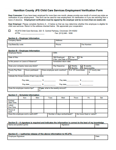 child care services employment verification form