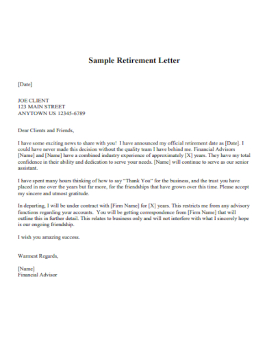 client retirement letter