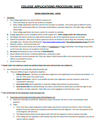 college application procedure sheet