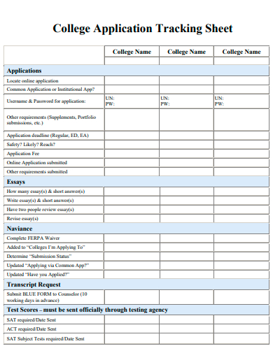 college application tracking sheet