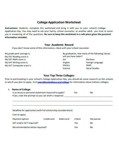 college application worksheet