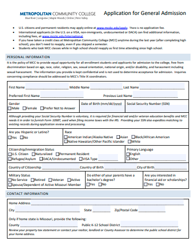 community college application for general admission