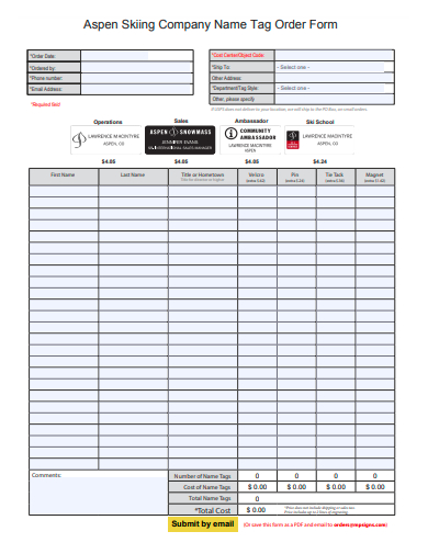 company name tag order form