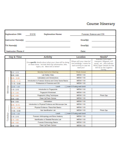 course itinerary