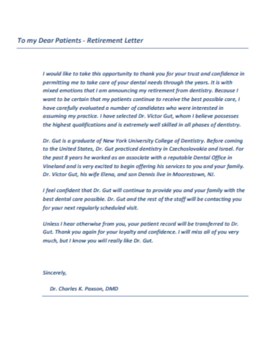 dental retirement letter