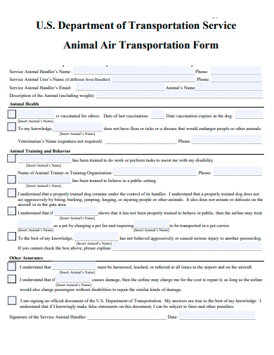 department of transportation service animal air transportation form