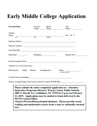 early middle college application