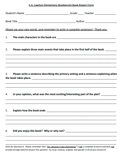 elementary book report form