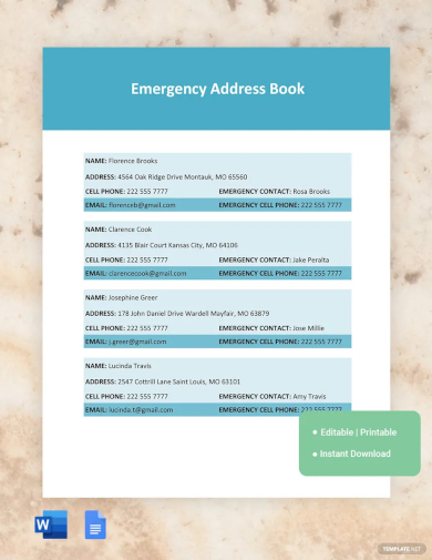 emergency address book template