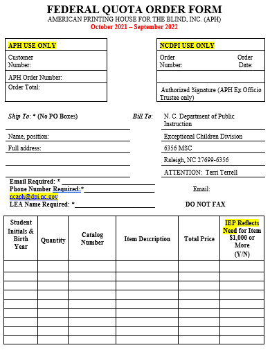 federal quota order form