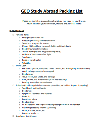 geo study abroad packing list