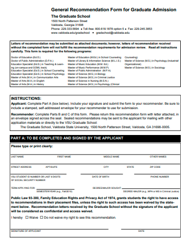 general recommendation form for graduate admission