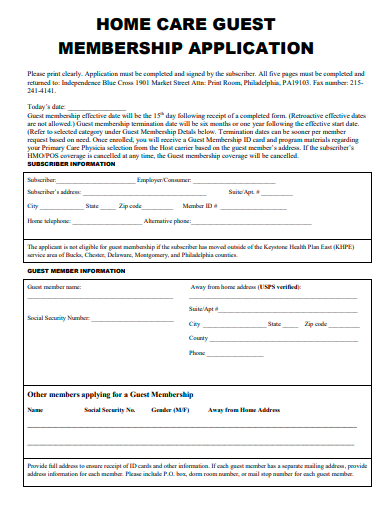 home care guest membership application