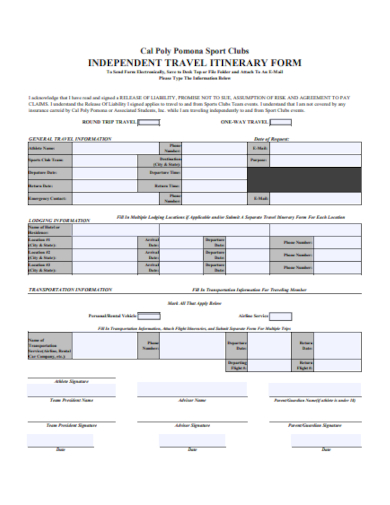 independent travel itinerary form