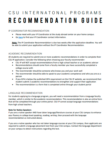 international programs recommendation