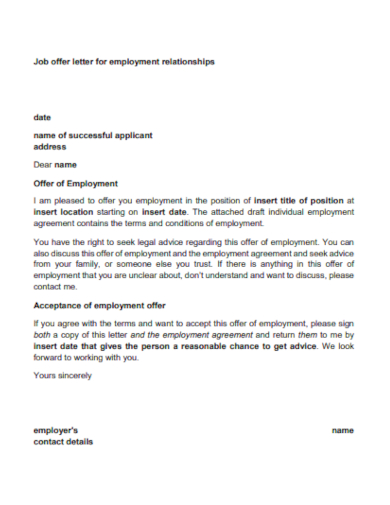 job offer letter for employment relationships