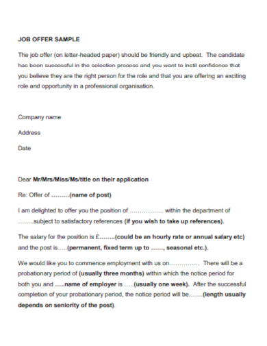 job offer sample letter