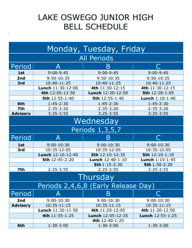 junior high bell schedule