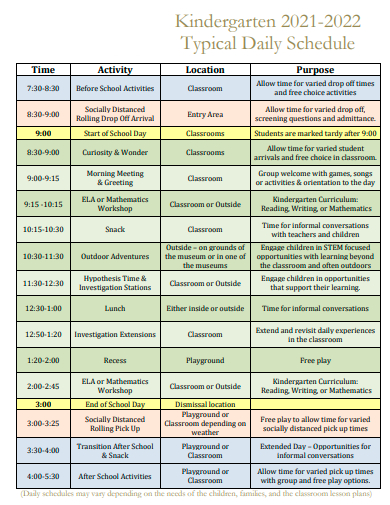 kindergarten typical daily schedule