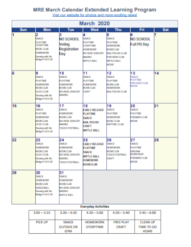 learning program blank calendar