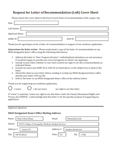 letter of recommendation cover sheet