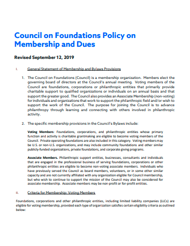 membership and dues council on foundation policy