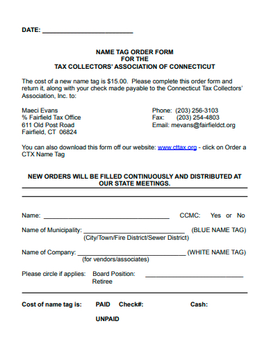 name tag order form for tax collectors association