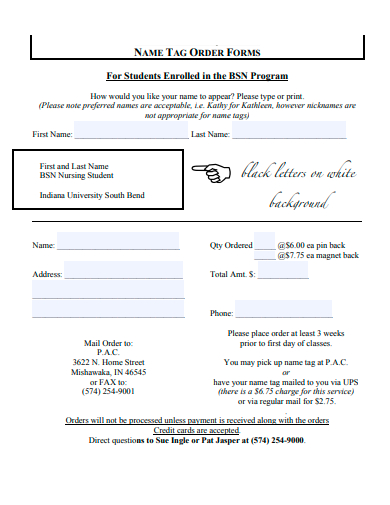 name tag order forms for students