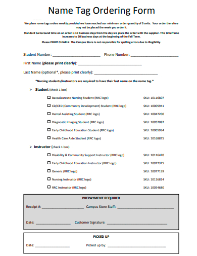 name tag ordering form