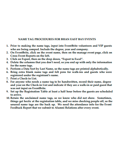 name tag procedures for events