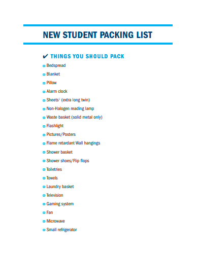 new student packing list