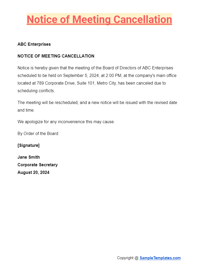 notice of meeting cancellation