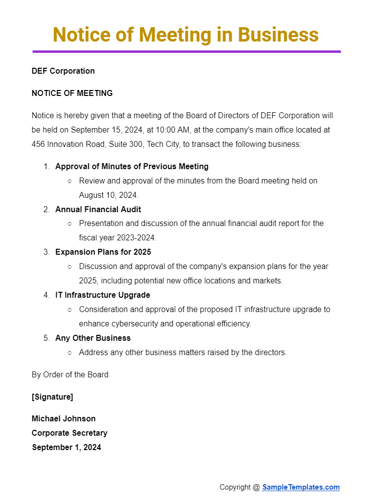 notice of meeting in business