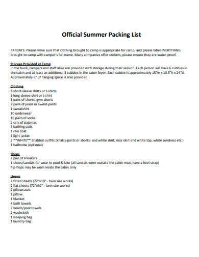 official summer packing list