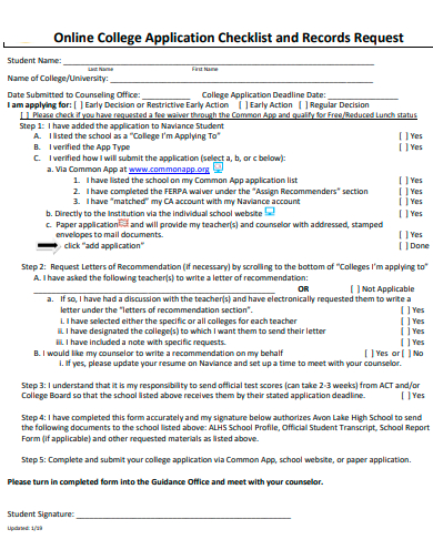 online college application checklist and records request