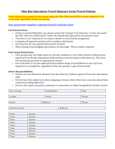 operations travel itinerary form