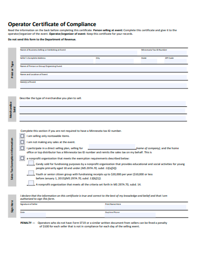 operator certificate of compliance form