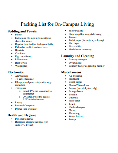 packing list for on campus living