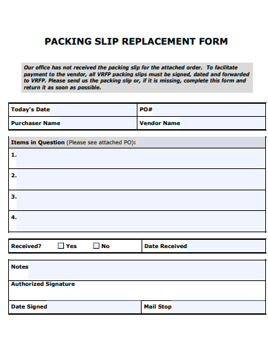 packing slip replacement form